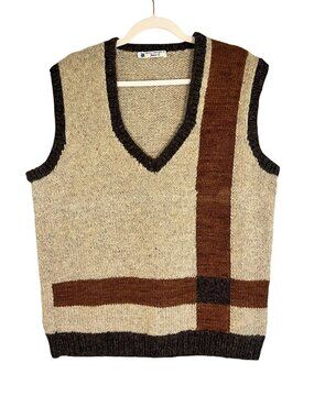 Vintage Handmade Chunky Knit Sweater Vest Brown XL Grandpa 70s Retro Academia